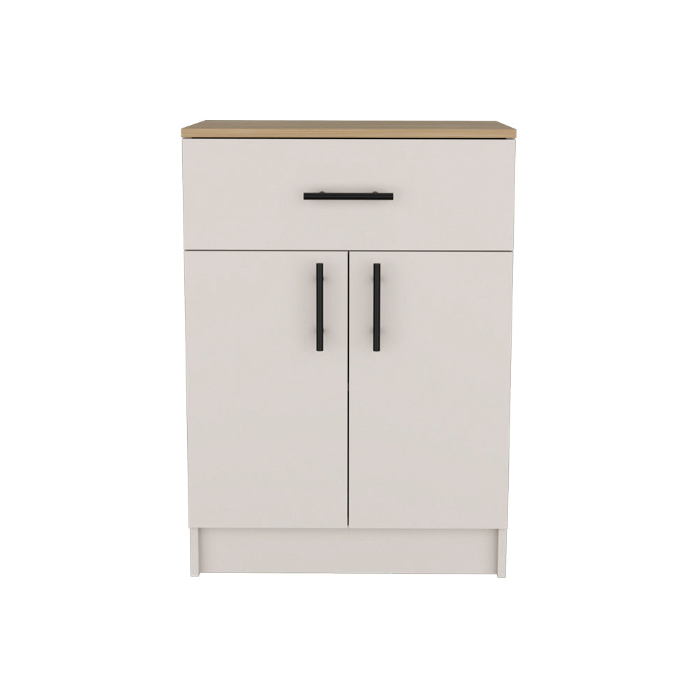 English Elm Pantry Netal Cabinet in Ivory & Natural Oak — Compact 33.5" H Storage with Countertop, Drawer & Shelves B092P243275