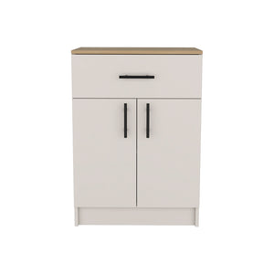 English Elm Pantry Netal Cabinet in Ivory & Natural Oak — Compact 33.5" H Storage with Countertop, Drawer & Shelves B092P243275