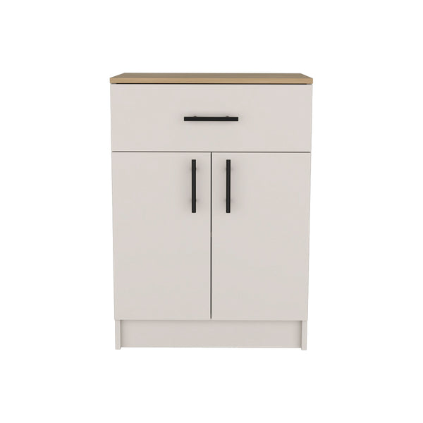 English Elm Pantry Netal Cabinet in Ivory & Natural Oak — Compact 33.5" H Storage with Countertop, Drawer & Shelves B092P243275