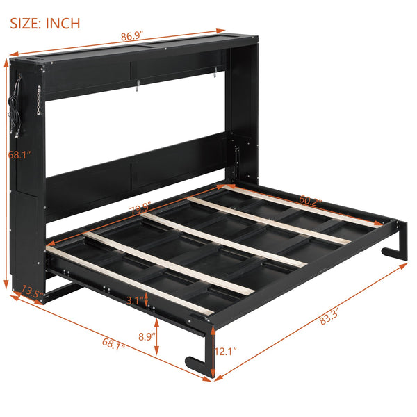 English Elm Queen-size Murphy Wall Bed with Led Ambient Lighting Usb Outlet and Graphic Panel Black LP000357AAB