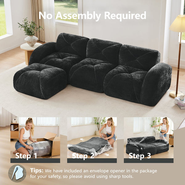English Elm L-shaped Velvet Sectional Sofa Tufted Modular Seating with Ottoman for Living Room Black W714S01627