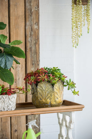 English Elm Set of 3 Zinc Metal Planters with Distressed Golden Finish for Indoor Outdoor Display W2078P499530