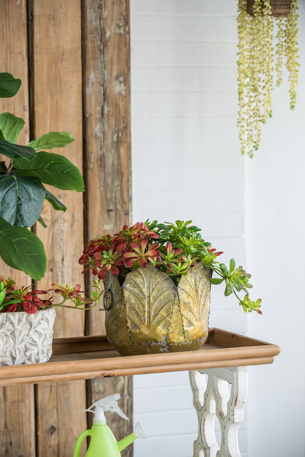 English Elm Set of 3 Zinc Metal Planters with Distressed Golden Finish for Indoor Outdoor Display W2078P499530