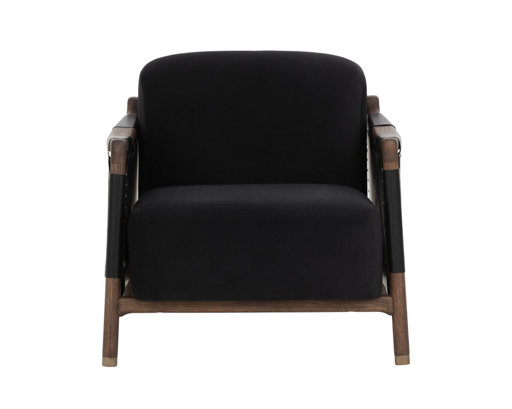Sunpan CALLOWAY Lounge Chair - Antique Brown Oak Frame with Onyx Leather & Italian Straps for Timeless Style 112133