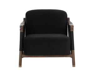 Sunpan CALLOWAY Lounge Chair - Antique Brown Oak Frame with Onyx Leather & Italian Straps for Timeless Style 112133