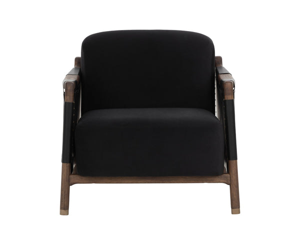 Sunpan CALLOWAY Lounge Chair - Antique Brown Oak Frame with Onyx Leather & Italian Straps for Timeless Style 112133