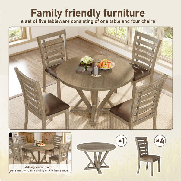 English Elm [5-Piece] Rustic Round Dining Table Set With Upholstered Chairs - Solid Wood, Farmhouse Charm & Comfort W2537S00001-GIGA