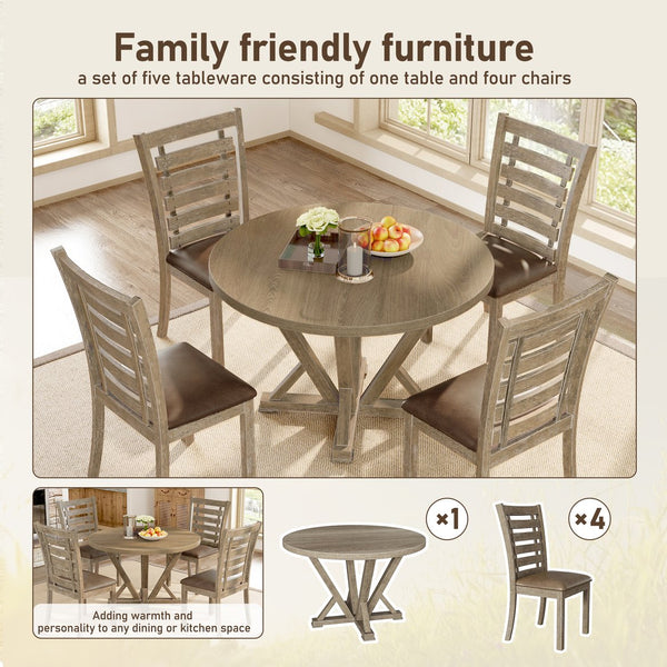 English Elm Modern Farmhouse Round Rubberwood Dining Table Seats Four Wire Brushed Rustic Finish W2537P369840