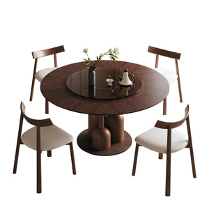 English Elm 59-inch Solid Oak Round Dining Set Wabi-sabi Style with Glass Lazy Susan 4 Chairs W2700S00136