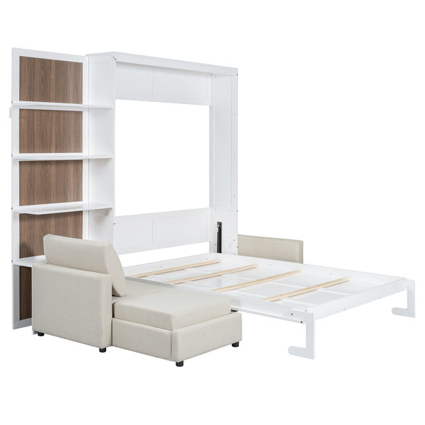 English Elm Queen Wall Bed with Linen Sofa and Open Shelving for Studio or Guest Room LP000592AAK-1