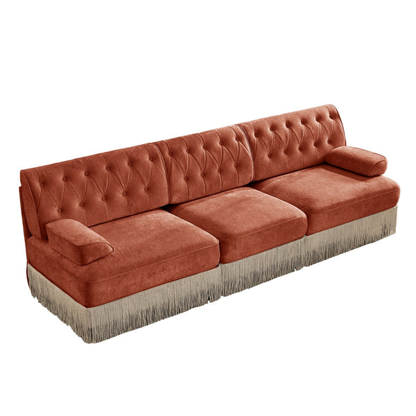English Elm 3-seater Velvet Tufted Sofa with Tassel Fringe Skirt French Luxe Living Room Seating Red+Brown W714S01722