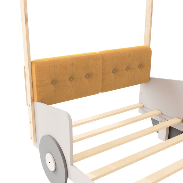 English Elm Wood Twin Car Bed with Pillow, Ceiling Canopy & LED Night Lights, Solid Pine Frame, Fun Kids Ride Bed - Twin Size, Natural Finish WF309288AAM