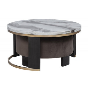 English Elm Nesting Marble-Top Coffee Table Set with Velvet Ottoman, Brass Frame, Dark Wood Legs — Modern Chic Living Room B011P355867