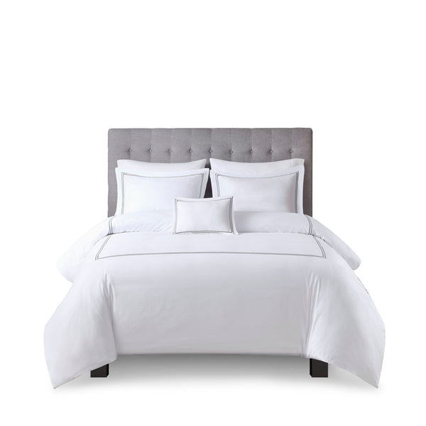 JLA Home Madison Park Signature - 100% Cotton sateen 500TC Embroidered Comforter Set — Hotel-Quality, Removable Duvet, OEKO‑TEX Safe White/Grey MPS10-507