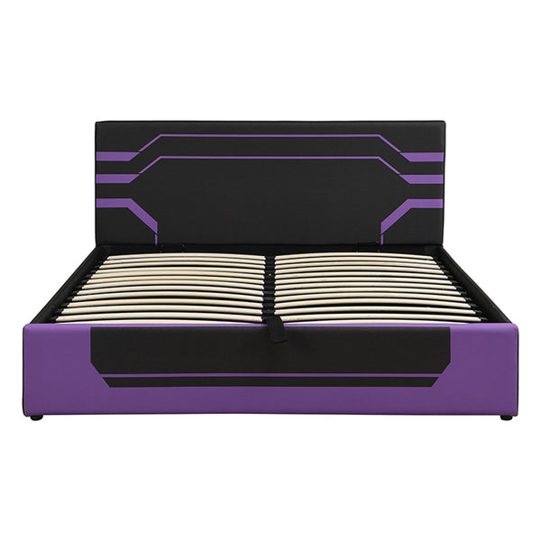 English Elm Modern Cyberpunk Queen Platform Bed Hydraulic Storage Pu Upholstered Gaming Frame Purple+Black SF000205AAI