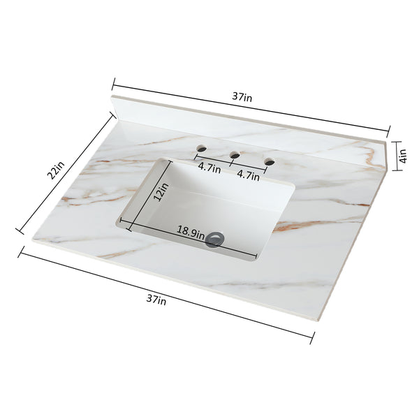 English Elm 37 Inch Marble Vanity Top - Elegant Carrara White Finish With Undermount Sink & 4" Backsplash Design W2699P192442
