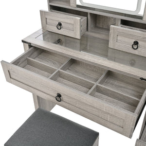 English Elm Farmhouse LED Vanity Desk with Sliding Mirror, Glass Top Storage, Built-In Charging Station & Stool Gray 37 L x 18.5 W x 13 H N733P340562G