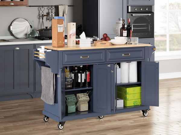 English Elm Kitchen Island Rubber Wood Countertop Mobile Cart with Towel & Spice Racks, Drawers, Storage Wheels Blue W914P147993