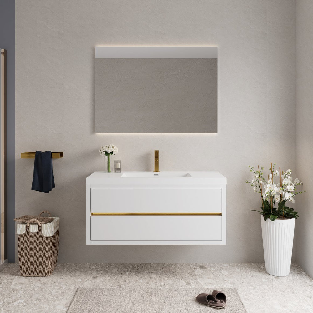 English Elm 48" Floating Bathroom Vanity Stone Resin Sink Soft Close Drawers Glossy White W1573S00101