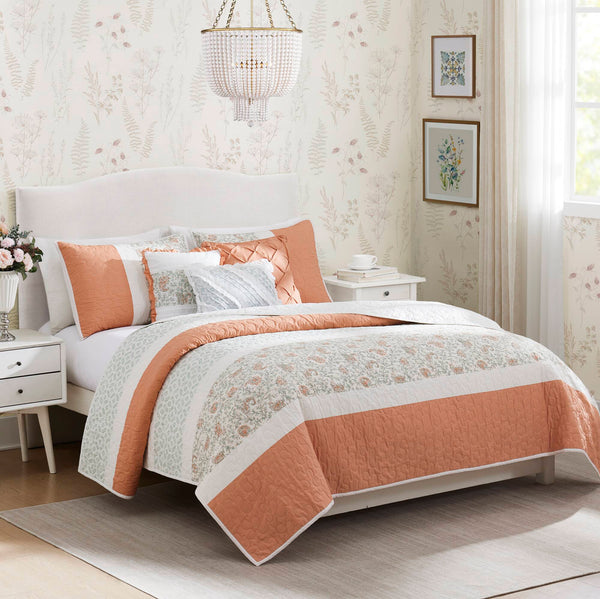 English Elm 6 Madison Park Dawn Cotton Percale Reversible Quilt Set with Paisley Pintuck, Lace Trim, Pillows, Full/Queen Coral 17.72 L x 22.83 W x 8.66 H B035129021