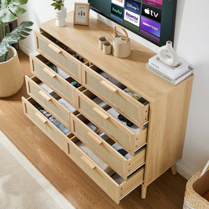 English Elm Bedroom 8-Drawer Dresser With Rattan Fronts – Stylish Storage For Kids’ Rooms & Living Spaces W1162P190402