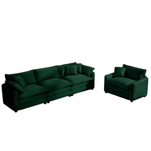 English Elm Mid-Century Modern Sectional Set - Plush Green Corduroy 3-Seater & Single-Seater With Pillows W714S00816