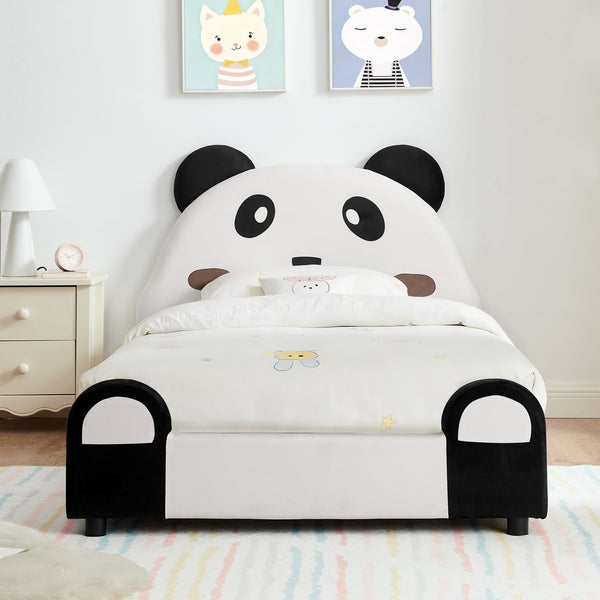English Elm Twin Panda Shaped Velvet Kids Bed Solid Wood Frame with Padded Safety Bumpers W1413P384935