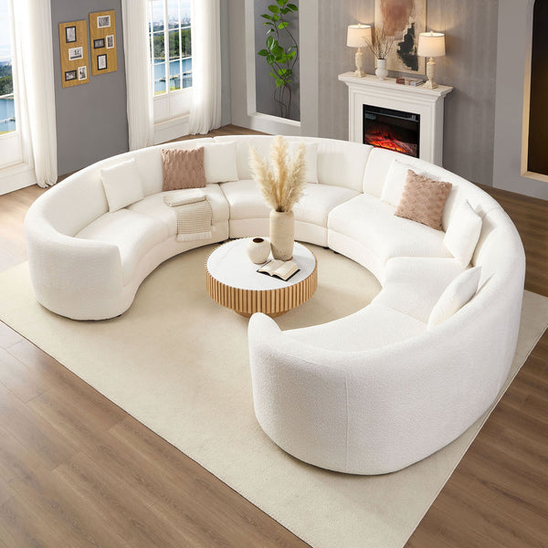 English Elm Mid-Century Bouclé Circle Sectional Sofa — Modular 3-4 Piece High-Back Beige Vintage-Inspired Lounge W3208S00011