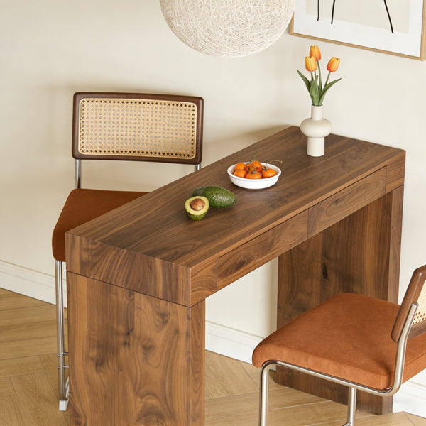 English Elm 2-piece Velvet Stool and Walnut Bar Table Set with Storage for Cafe Style Dining W2920S00104