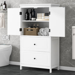 English Elm Bathroom Storage Cabinet with Two Doors and Drawers, Adjustable Shelf, MDF Finish, Slim 28"L x 15"W White N725P188460K
