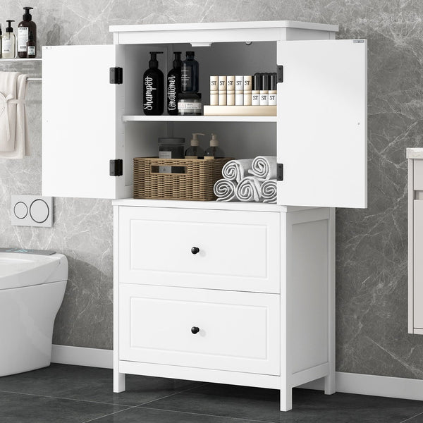 English Elm Bathroom Storage Cabinet with Two Doors and Drawers, Adjustable Shelf, MDF Finish, Slim 28"L x 15"W White N725P188460K