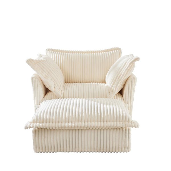 English Elm Upholstered Cream Corduroy Armchair Set With Wide Ottoman & Soft Pillows For Cozy Living Spaces W3041S00016-GIGA