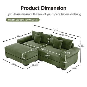 English Elm 92" Oversized Modular L-Shape Sectional Couch - Soft Corduroy, Deep Seats, Ergonomic Design & Pillows W714S01330