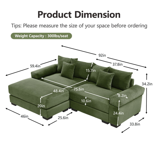English Elm 92" Oversized Modular L-Shape Sectional Couch - Soft Corduroy, Deep Seats, Ergonomic Design & Pillows W714S01330