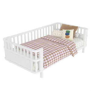 English Elm Twin Pine House Frame Floor Bed with Peaked Roof and Fence Guardrails for Kids White W1858P389993