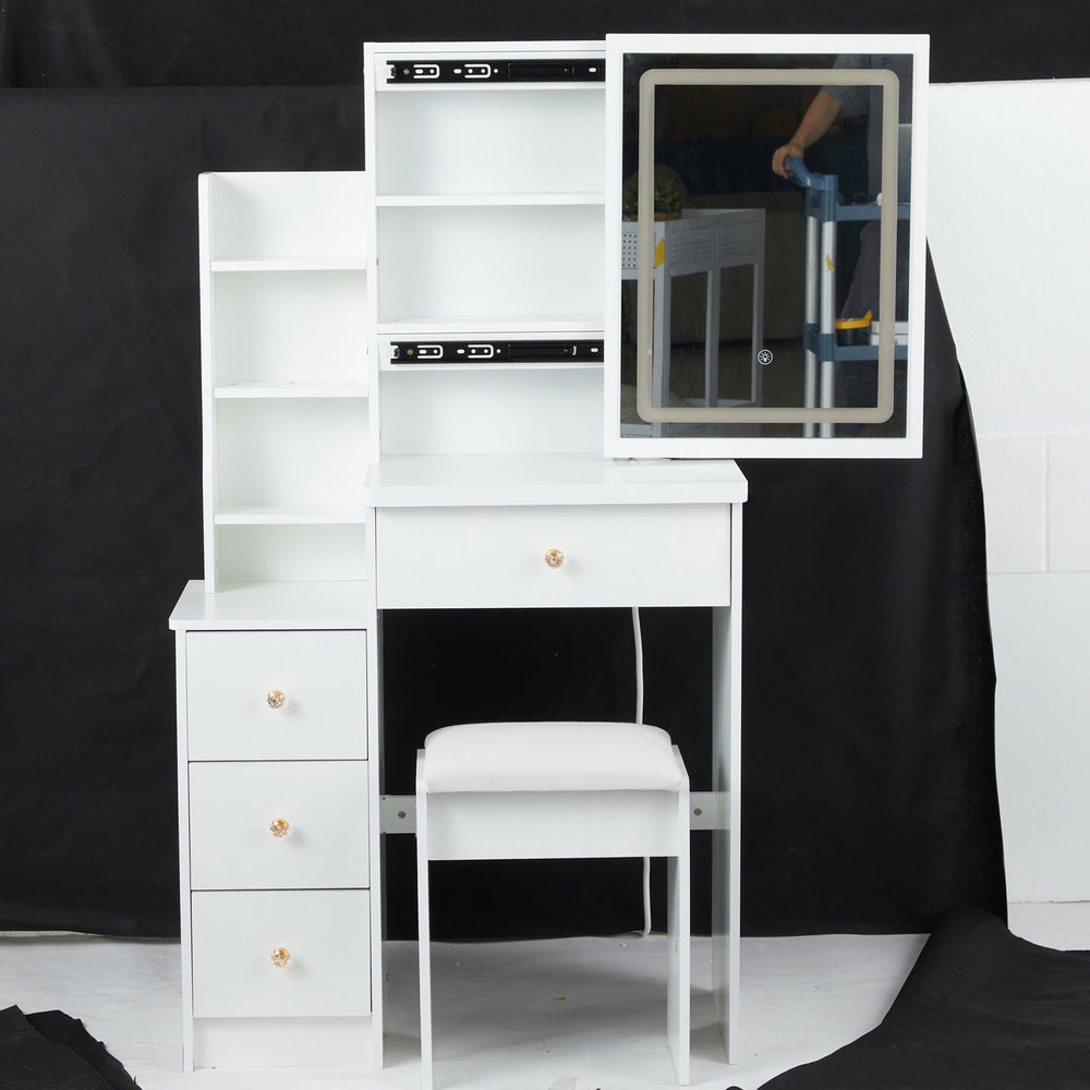 English Elm 29.2" Compact Vanity Set With Touch-Control Led Mirror, Stylish Stool & Ample Storage For Small Spaces W936P226033