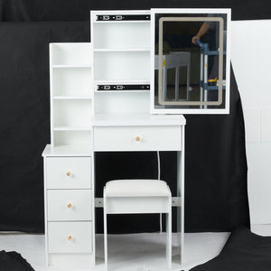 English Elm 29.2" Compact Vanity Set With Touch-Control Led Mirror, Stylish Stool & Ample Storage For Small Spaces W936P226033