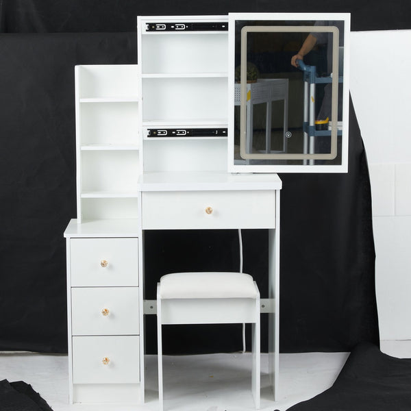 English Elm 29.2" Compact Vanity Set With Touch-Control Led Mirror, Stylish Stool & Ample Storage For Small Spaces W936P226033