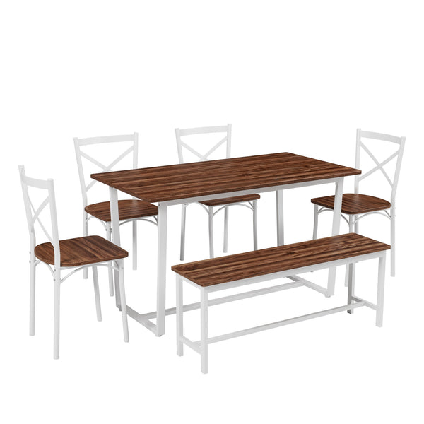 English Elm 6-Piece Dining Set with Metal Frame and MDF Tabletop, Sturdy Bench & Chairs, Modern Compact Design Dark Walnut W578P333495