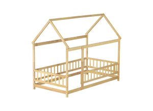 English Elm Twin Size House Floor Bed With Roof Frame & Safety Guardrails - Cozy & Imaginative Playtime Haven W504P286404-GIGA
