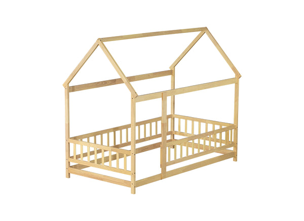 English Elm Twin House Shaped Floor Bed Solid Rubberwood Frame with Guardrails for Kids W504P370545