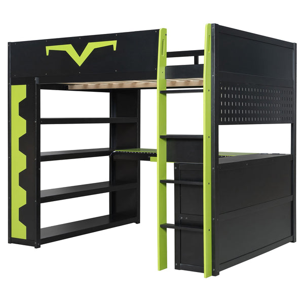 English Elm Full Size Gaming Loft Bed with Desk Rgb Lighting Power Outlet and Storage Drawer Green LT000285AAF