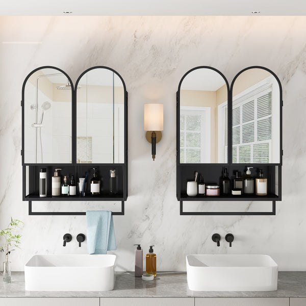 English Elm 23.62" Modern Double-Arched Mirror Cabinet with Tempered Glass, Metal Frame, Shelf & Towel Rack Storage Black W757P314586