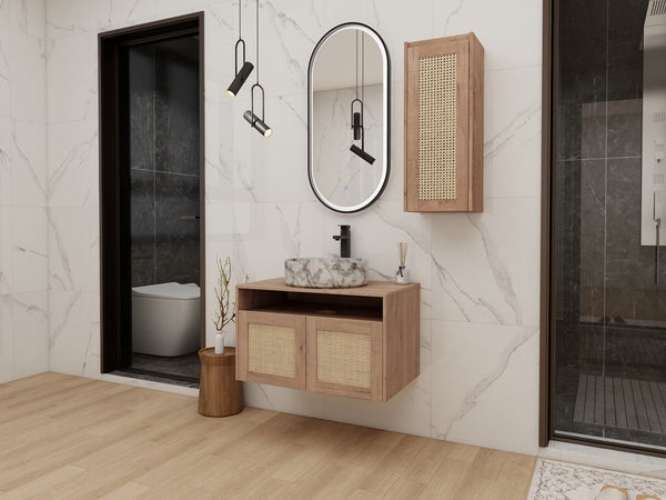 English Elm 30" Floating Bathroom Vanity Set with Ceramic Vessel Sink and Rattan Side Cabinet W999S00497