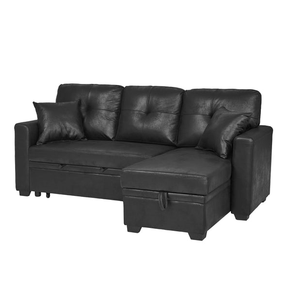 English Elm Sleeper Sectional Sofa with Storage Chaise Tufted Black Fabric L-shaped Living Room W5568S00037