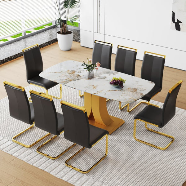 English Elm Table Set - Luxurious Pandora Patterned Dining Table With 8 Black Pu Chairs & Golden C-Shaped Legs W1151S03234-GIGA