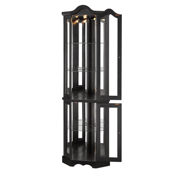 English Elm Lighted Corner Curio Cabinet With Adjustable Shelves & Integrated Lighting - Stylish Oak Display Solution W1758P300124