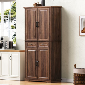 English Elm K&K 71" Tall Farmhouse Pantry Cabinet with Groove Edges, 3 Pull-Out Organizers, 6 Door Shelves Brown N707P256507Z