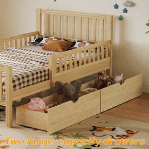 English Elm Twin Pine Platform Bed with Guardrails and Under Storage Drawers for Small Rooms N733P172696M