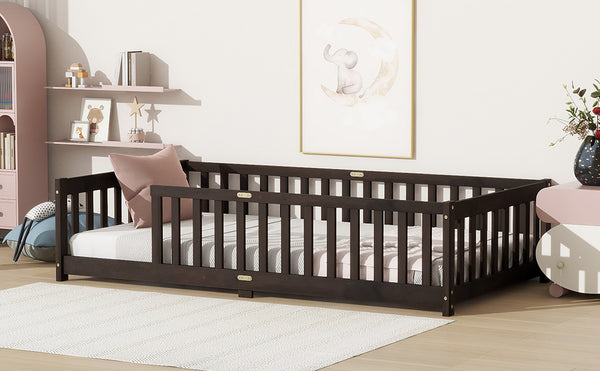 English Elm Twin Low Profile Rubberwood Floor Bed with Full Safety Fence for Toddler Rooms Espresso W504P429337